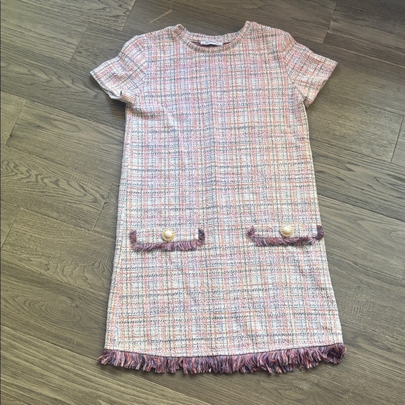 Zara |White Multicolor Pastel Tweed Fringe Frayed Hem Pearl Button Shift Dress S - Picture 4 of 15